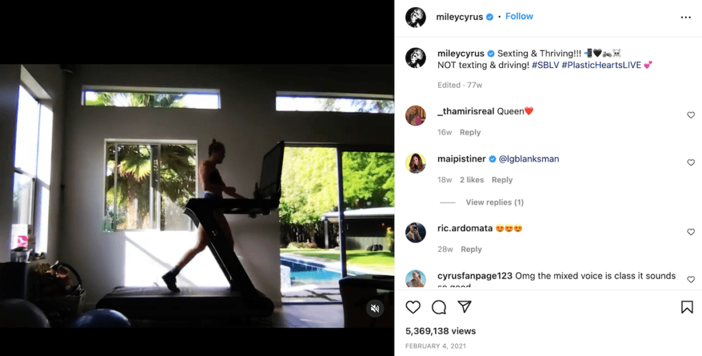 miley cryus on peloton tread full instagram post