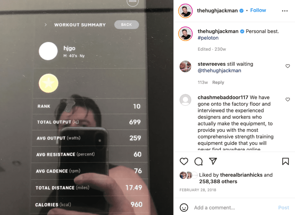 hugh jackman instagram peloton personal best post