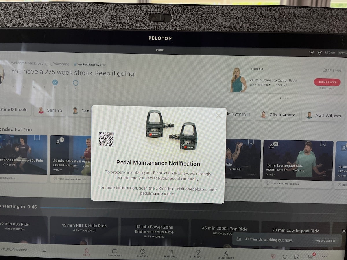 peloton pedal maintenance notice on bike